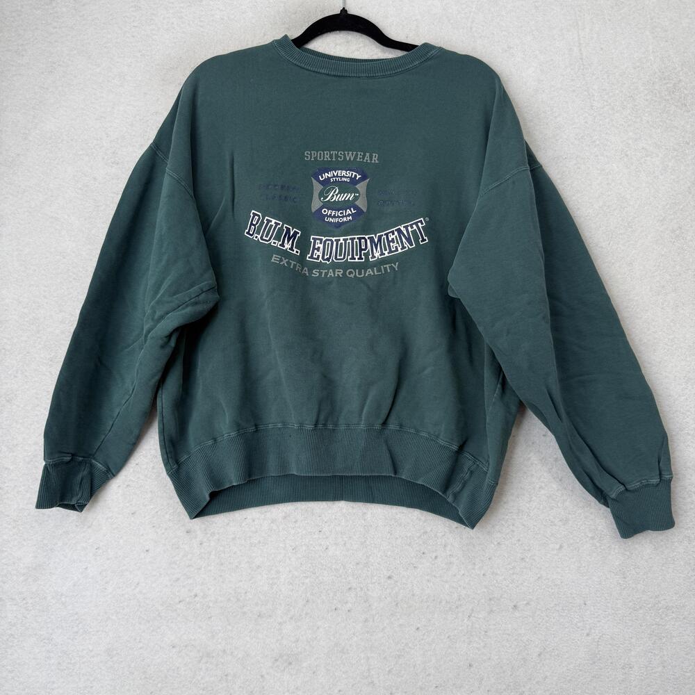 Vintage B.U.M. Equipment Sweatshirt Mens XL Green Fleece Crewneck Graphic 90s